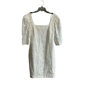 Eliza J Sz 12 Eyelet Puff Sleeve Dress White Cotton Knee Romantic Coastal Chic